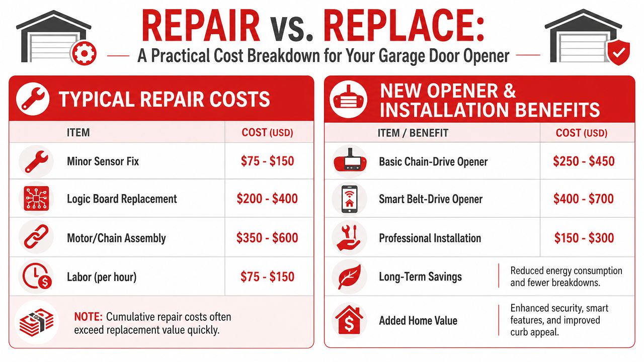 A comparison chart showing typical costs for repairing versus replacing a residential garage door opener.