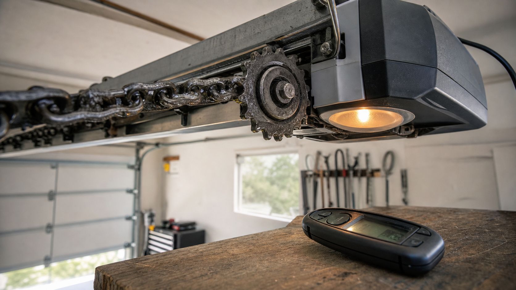 A close-up view of a ceiling-mounted garage door opener mechanism with a remote control placed nearby.