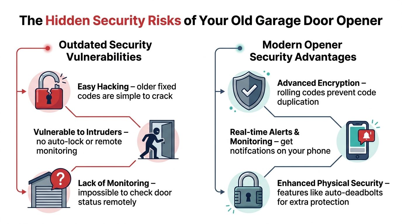 An infographic highlighting the security risks of outdated garage door openers versus modern security advantages.