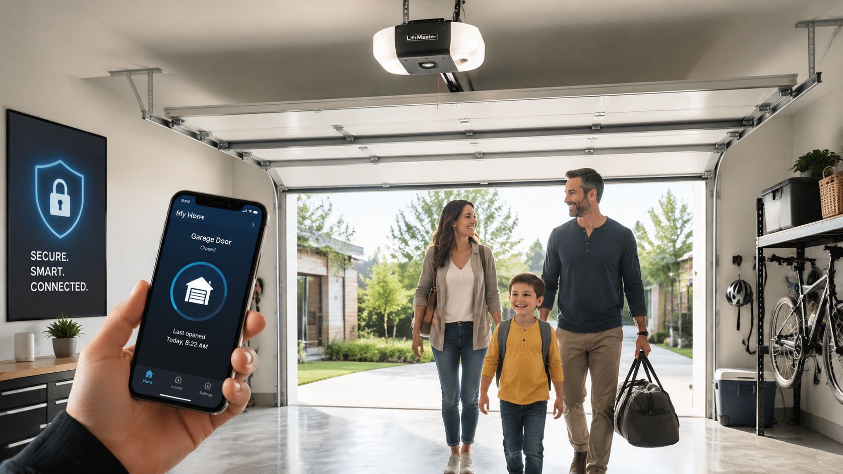 A family walking into a bright garage while a hand holds a smartphone showing a garage door app.