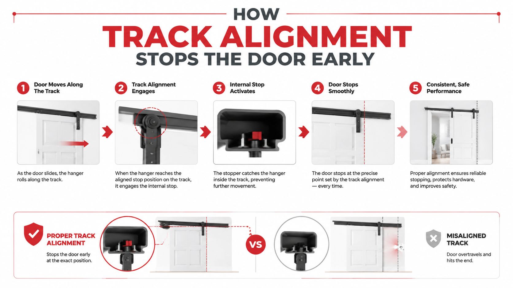 A diagram explaining how proper sliding barn door track alignment prevents the door from moving too far.