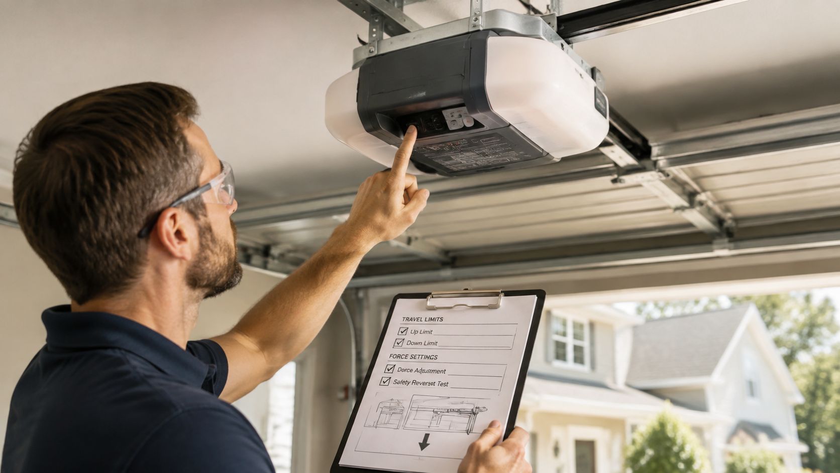 A technician wearing safety glasses adjusts a garage door opener while checking a maintenance checklist on clipboard.