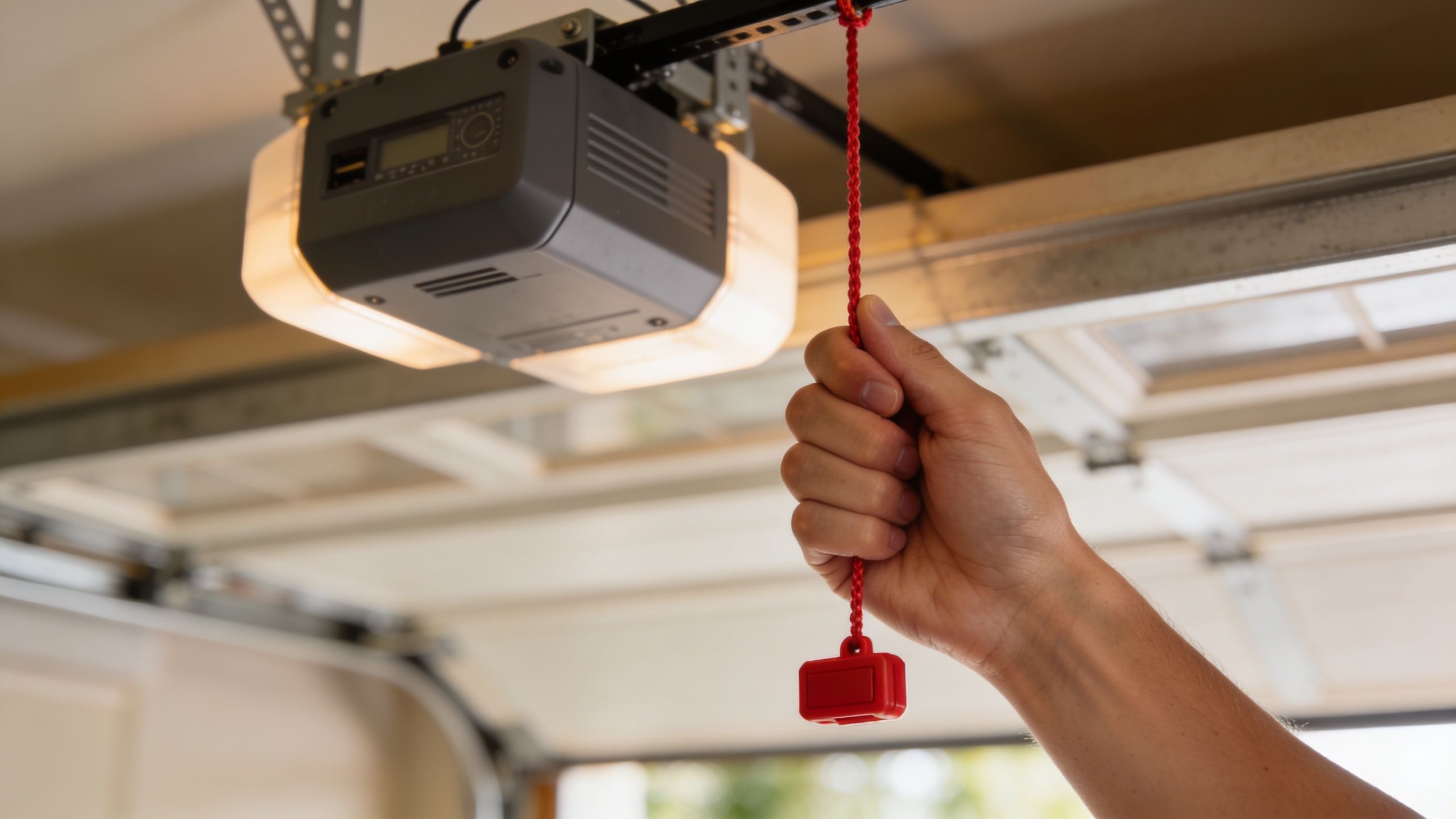A hand pulling the red emergency release cord on a garage door opener motor unit.