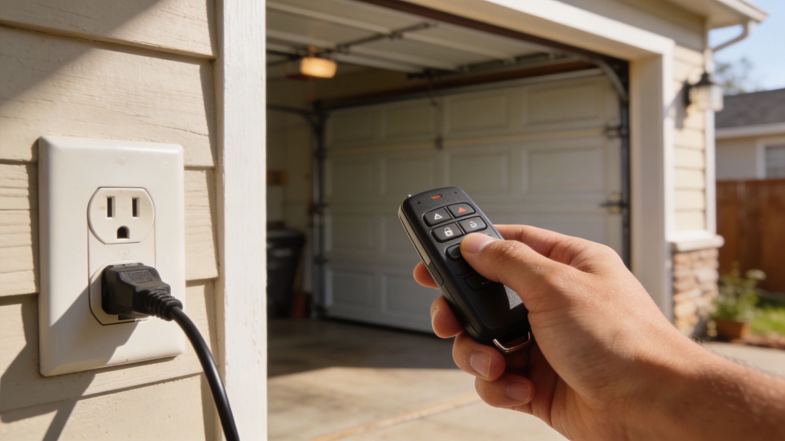 A person's hand holding a remote control to open a garage door next to an outdoor power outlet.