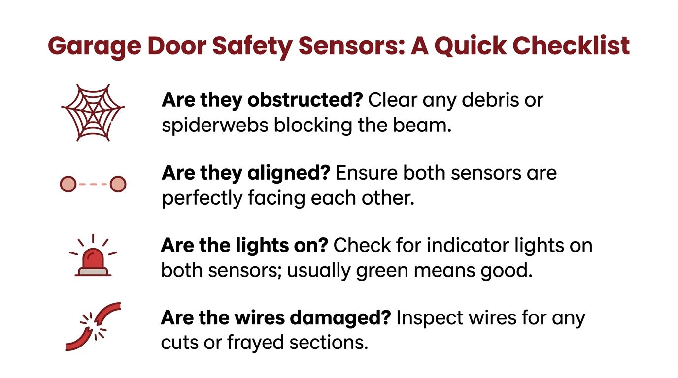 A checklist infographic illustrating four troubleshooting steps for garage door safety sensors including alignment and wiring.