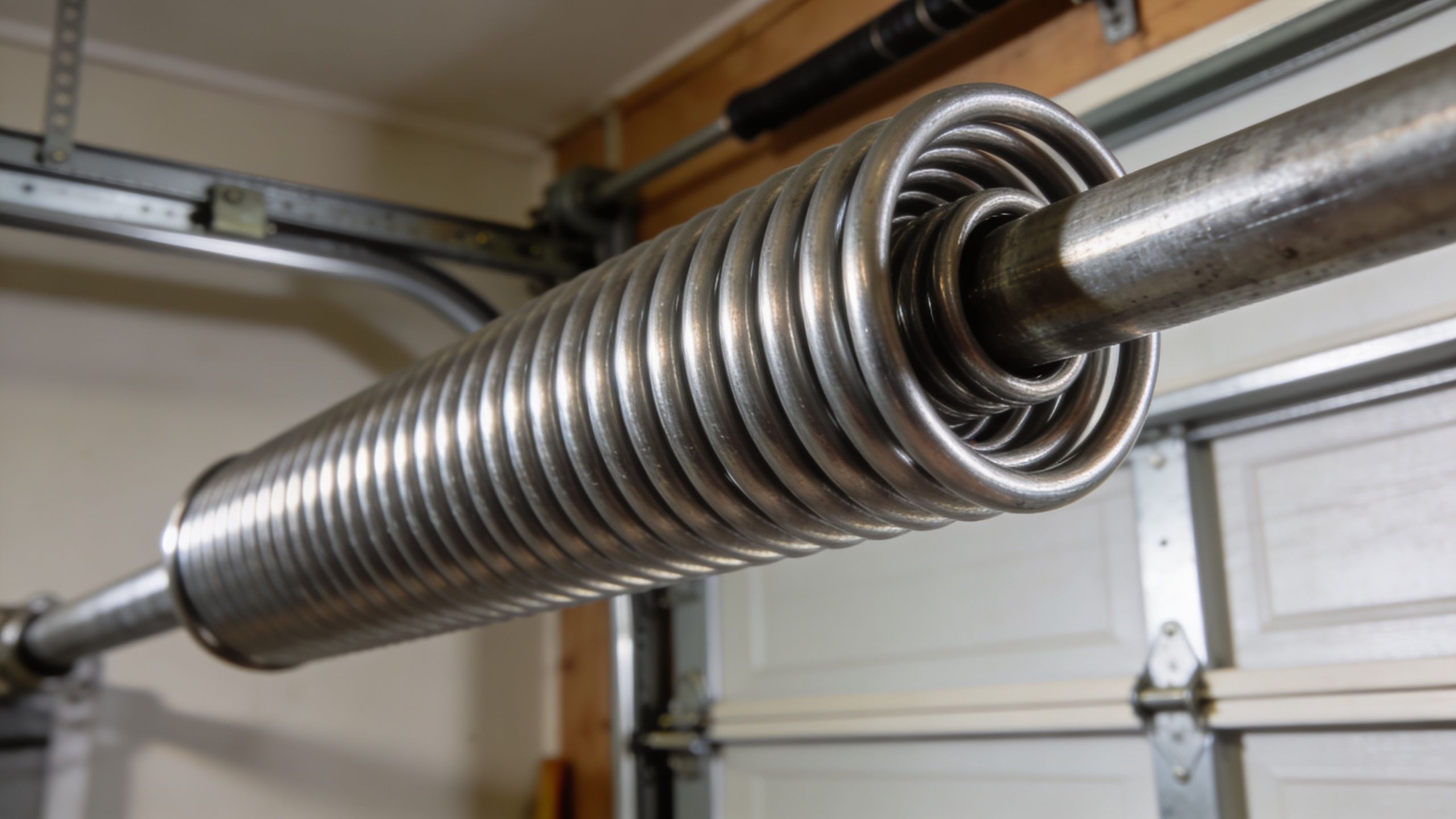 A close-up view of a metal garage door torsion spring mounted on a horizontal shaft in a garage.