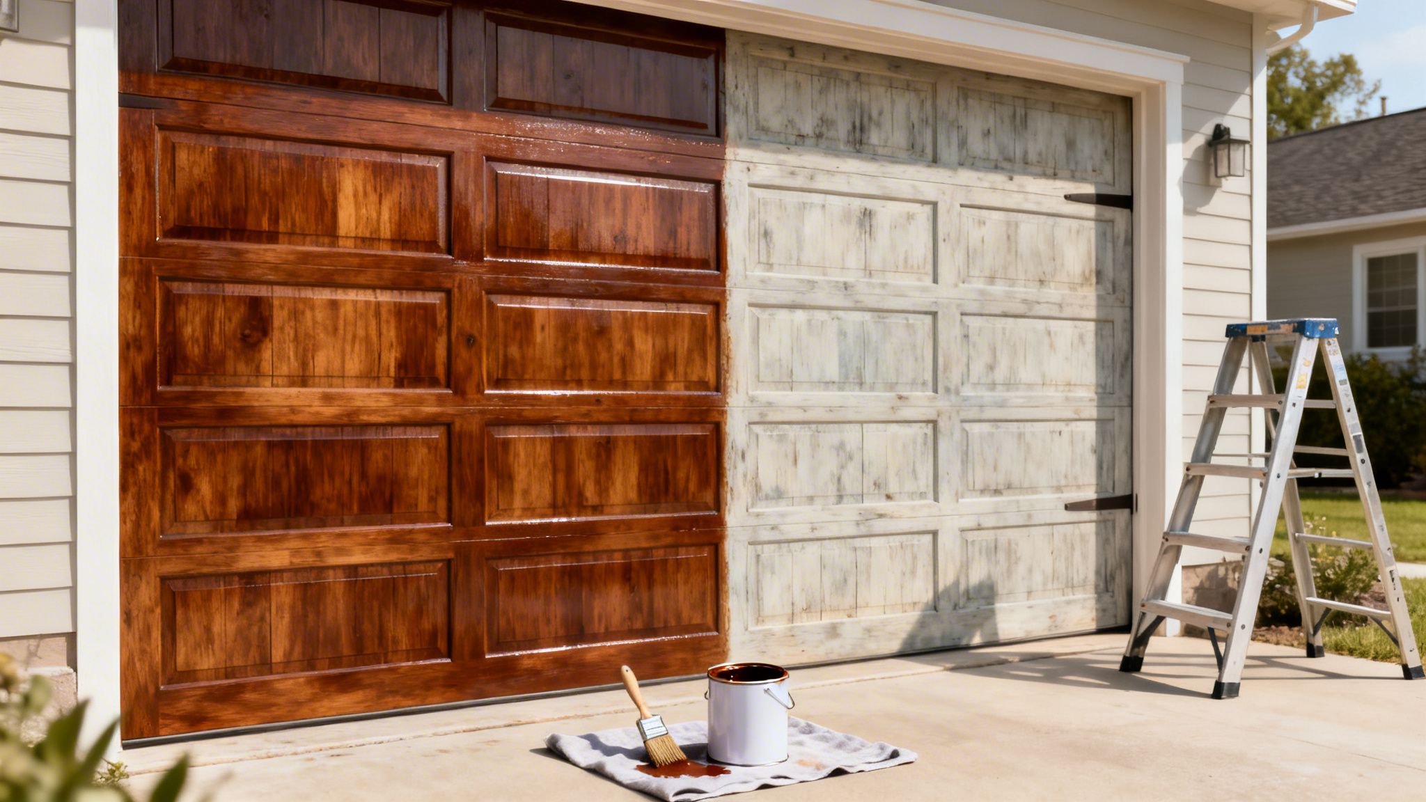 A garage door is half-stained in a rich wood tone, showing a before-and-after transformation with painting tools.