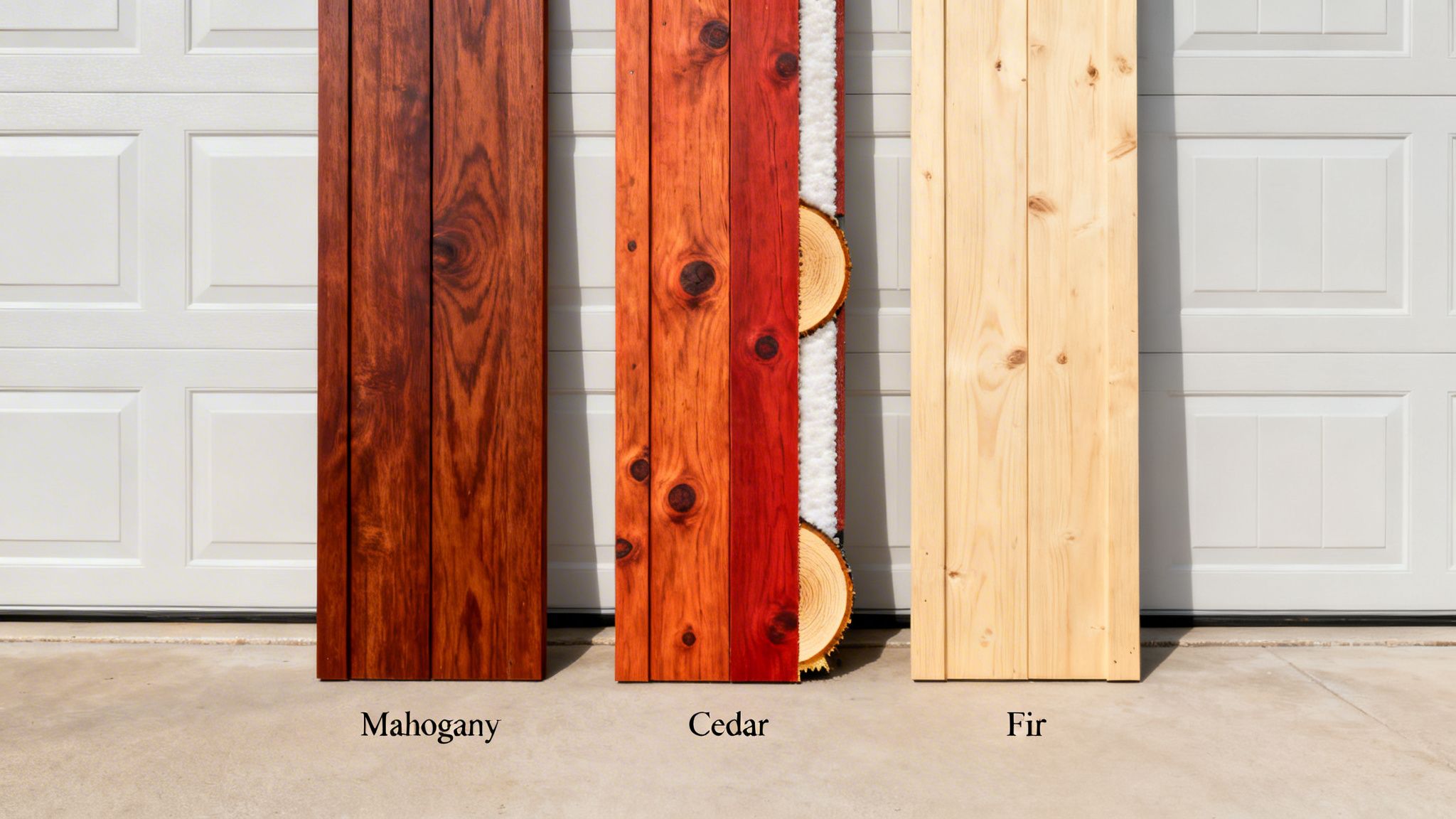 Comparison of mahogany, cedar, and fir wood samples for wooden garage doors.
